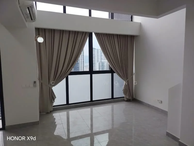 Living features: grey polished tile flooring, white painted walls, floor-to-ceiling windows, sheer curtains, air conditioning unit, recessed downlights, neutral colour scheme; style: modern; view: city.