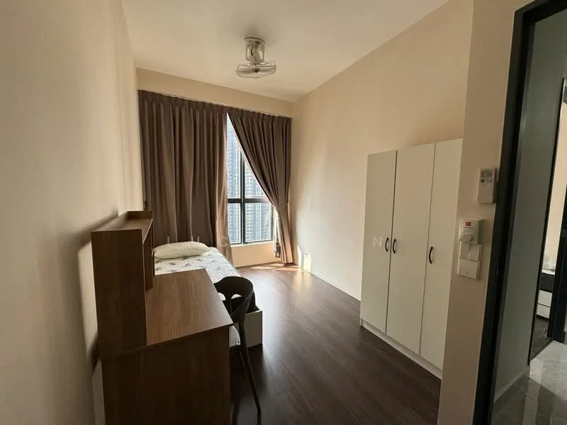 Bedroom features: single bed, wooden study desk, white wardrobe, floor-to-ceiling window, brown curtains, laminate flooring, ceiling fan, light switch, power outlet; style: modern; view: city.