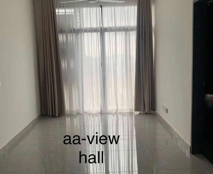 Room features: large floor-to-ceiling windows, sheer curtains, grey polished tile flooring, white painted walls, ceiling fan, natural light, open space, minimalist decor; style: modern; view: city.
