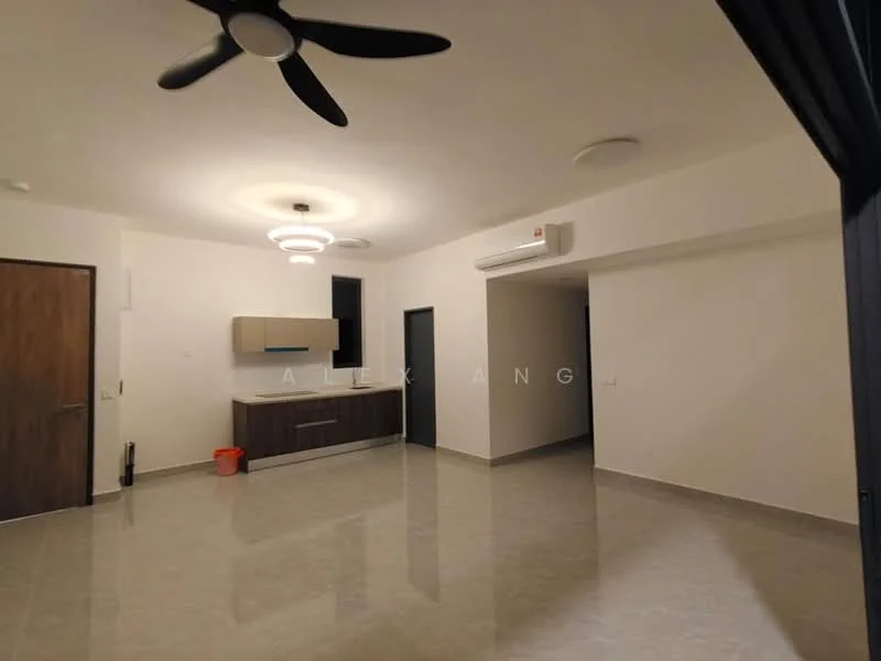 Living features: 5-blade ceiling fan with light, recessed downlights, cream painted walls, white ceiling, grey tiled flooring, wall-mounted split AC, wooden door, kitchenette with cabinets, open layout, large windows, neutral decor; style: modern.