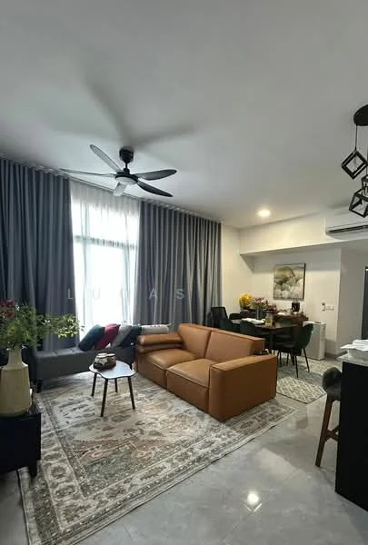 Living features: 3-seater fabric sofa in brown, coffee table, area rug with geometric pattern, floor-to-ceiling windows, sheer curtains, 5-blade ceiling fan with light, wall-mounted TV, decorative plants in ceramic pots, dining table with chairs, wall art, recessed downlights, grey painted walls, marble tile flooring; style: modern.