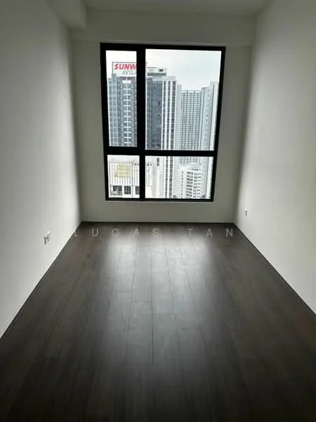 Room features: white painted walls, dark wood laminate flooring, floor-to-ceiling windows, city skyline view; style: modern; view: city.