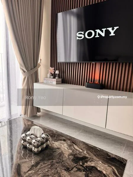Living features: floor-to-ceiling windows, curtains, wood panel accent wall, white TV console, large flat-screen TV, decorative items on console, marble flooring, decorative bowl with spheres; style: modern.