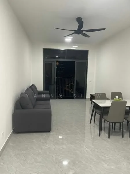 Living features: 3-seater fabric sofa in grey, ceiling fan, marble flooring, large glass sliding door, balcony access, white painted walls, dining table with 4 chairs, decorative wall, natural light from windows; style: modern; view: city.