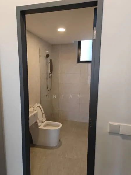 Bathroom features: white toilet, shower with handheld showerhead, grey tile flooring, light grey wall tiles, recessed ceiling lights, window for natural light, chrome faucet, wall-mounted mirror; style: modern.