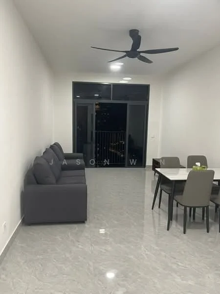 Living features: grey fabric 3-seater sofa, ceiling fan, marble tile flooring, white painted walls, large sliding glass door, dining table with 4 chairs, area rug, balcony view; style: modern; view: city.