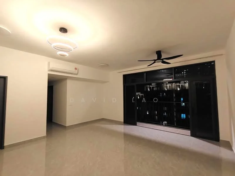 Living features: grey polished floor tiles, white painted walls, 5-blade ceiling fan with light, recessed downlights, large floor-to-ceiling windows, black window frames, air conditioning unit, open layout; style: modern; view: city.