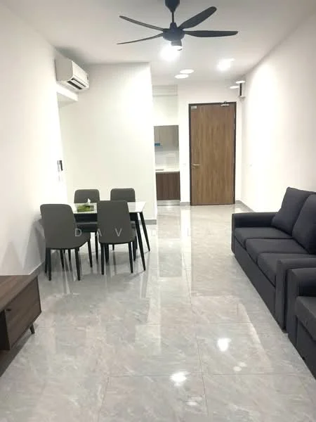 Living features: grey fabric sofa, marble tile flooring, 5-blade ceiling fan, wall-mounted split AC, recessed LED downlights, wooden door, dining table with four chairs, decorative plant on table; style: modern.