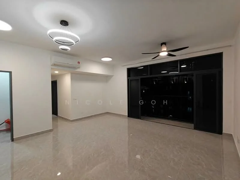 Living features: grey polished tile flooring, white painted walls, recessed downlights, 5-blade ceiling fan with light, large floor-to-ceiling windows, black sliding glass door, air conditioning unit, open layout; style: modern.