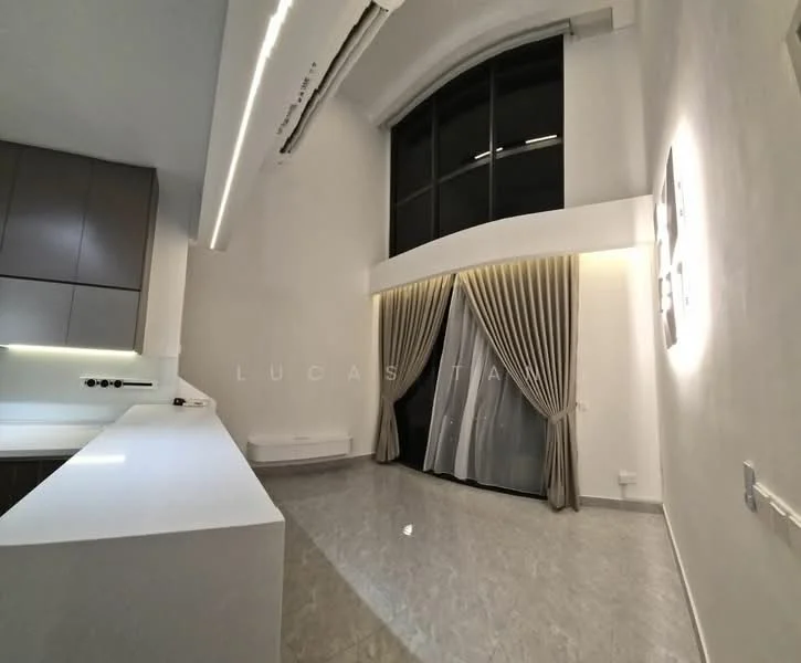 Room features: high ceiling, large floor-to-ceiling windows, grey marble flooring, white painted walls, curtains, recessed lighting, kitchen island with countertop, built-in cabinetry; style: modern.