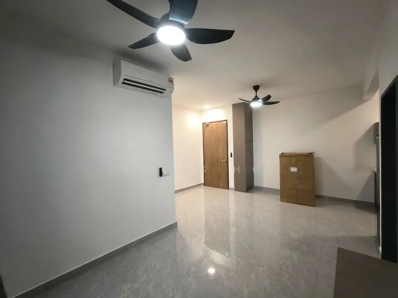 Room features: white painted walls, grey marble tile flooring, 2 ceiling fans, 1 wall-mounted split AC, door leading to another room, box in the corner, recessed lighting; style: modern.