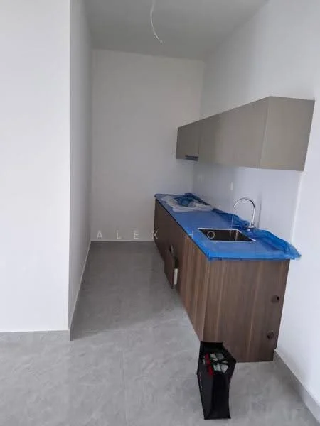 Kitchen features: laminate cabinetry in light grey, wooden base cabinets, single-bowl stainless-steel sink, chrome pull-down faucet, grey tiled backsplash, grey floor tiles, countertop with protective covering, wall-mounted cabinets, no visible appliances; style: modern.