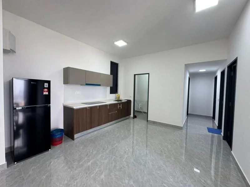 Kitchen features: black fridge, white countertop, brown cabinetry, single-bowl stainless-steel sink, chrome pull-down faucet, grey wall tiles, grey marble tile flooring, recessed LED downlights; style: modern. Room features: white painted walls, grey marble tile flooring, doorway leading to hallway, open layout.