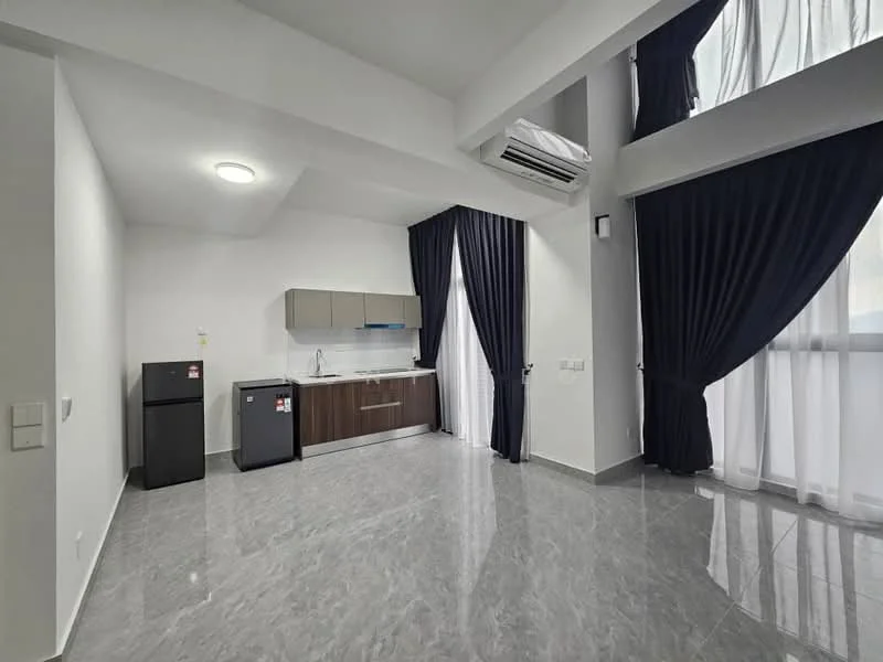 Kitchen features: grey marble tile flooring, white painted walls, flat-panel brown cabinets, stainless-steel sink, chrome pull-down faucet, built-in oven, fridge, window with sheer curtains, 1 wall-mounted split AC, recessed downlights, dark blue curtains; style: modern.