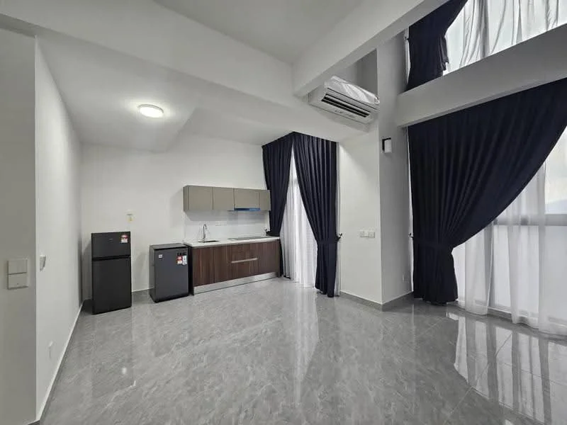 Kitchen features: grey marble flooring, white painted walls, ceiling with recessed lighting, kitchen cabinetry in dark wood, stainless-steel fridge, built-in sink, single-bowl stainless-steel sink, chrome pull-down faucet, window with sheer curtains, split wall-mounted air conditioning unit; style: modern.