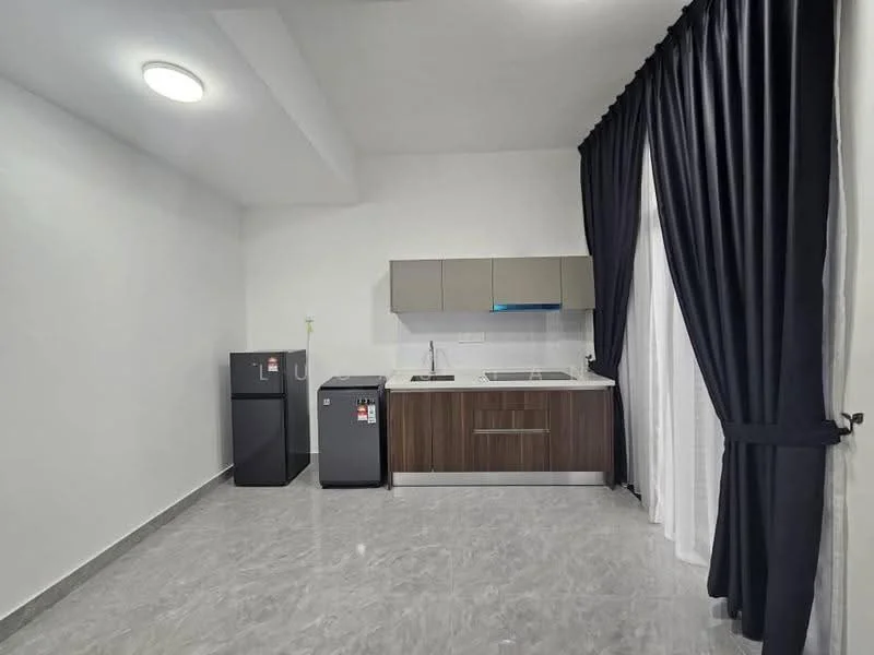 Kitchen features: white painted walls, grey marble tile flooring, flat-panel brown cabinets, single-bowl stainless-steel sink, chrome pull-down faucet, built-in countertop, stainless-steel fridge, black mini fridge, recessed ceiling light, floor-to-ceiling windows with sheer curtains, black curtains; style: modern.
