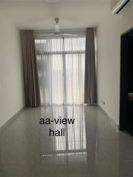 Living features: white painted walls, grey polished tile flooring, floor-to-ceiling windows, sheer curtains, ceiling fan with light, natural light, open layout, neutral color scheme; style: modern; view: city.