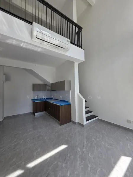 Room features: grey marble tile flooring, white painted walls, exposed beams, wall-mounted split AC, staircase with wooden treads, kitchenette with blue countertop, dark wood cabinetry, open space layout; style: modern.