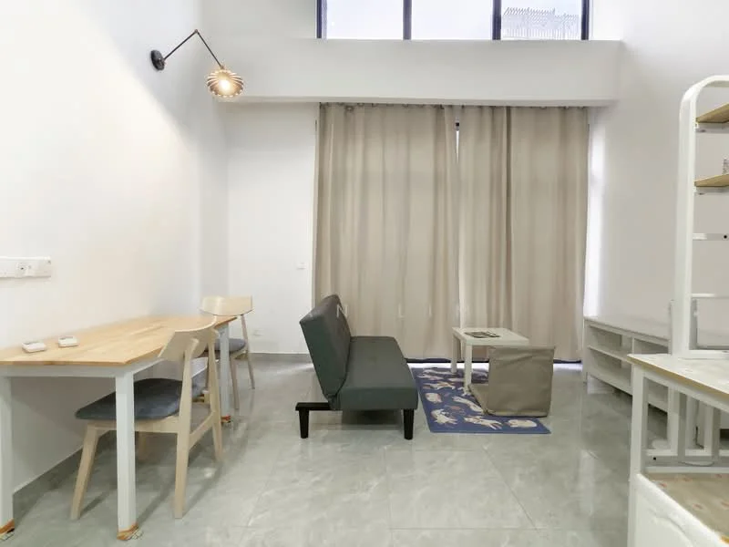 Living features: grey fabric sofa, wooden coffee table, light wood side table, two wooden dining chairs, white shelving unit, grey area rug with pattern, floor-to-ceiling windows, sheer curtains, marble tile flooring, wall-mounted light fixture; style: modern.