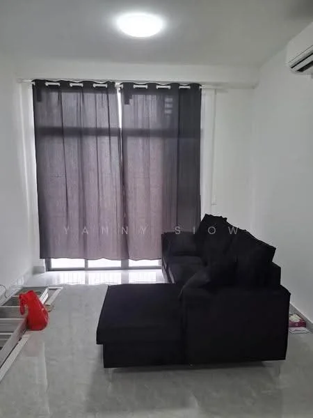 Living features: black fabric L-shape sectional sofa, white walls, grey marble tile flooring, floor-to-ceiling windows, black curtains, 1 wall-mounted split AC, ceiling light, decorative wall, minimalist decor; style: modern.