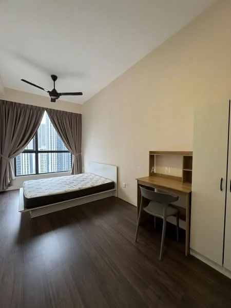 Bedroom features: queen-size bed, upholstered headboard, wooden flooring, 5-blade ceiling fan, floor-to-ceiling windows, curtains, study desk, chair, built-in wardrobe; style: modern; view: city.