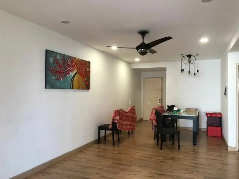 Living features: wooden flooring, white painted walls, 5-blade ceiling fan with light, recessed downlights, framed artwork on wall, dining table with chairs, decorative throw on chairs, doorway leading to another room, trash bin, table with items on it; style: modern.