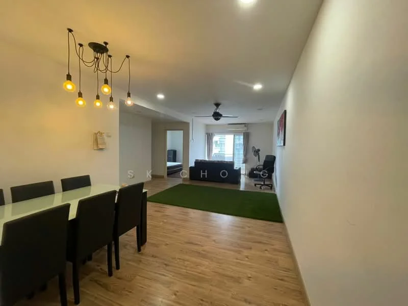 Dining features: 6-seater dining table with glass top, black upholstered dining chairs, pendant light fixture with multiple bulbs; style: modern. Living features: sofa in dark color, coffee table, ceiling fan, wooden flooring, large window with natural light; style: modern. Room features: white painted walls, recessed lighting, green carpet area.
