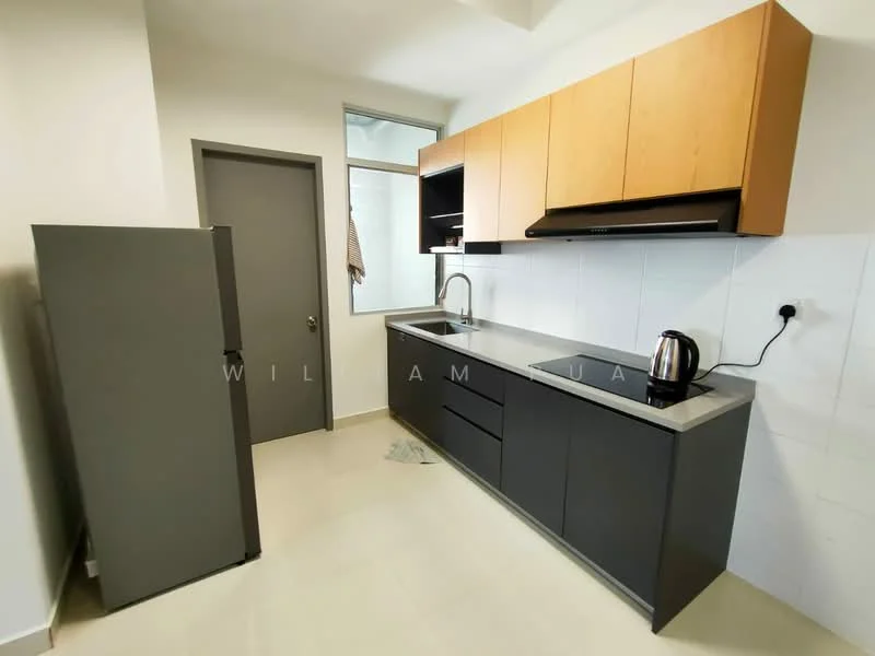 Kitchen features: grey cabinetry, wooden upper cabinets, stainless-steel countertop, single-bowl stainless-steel sink, chrome pull-down faucet, built-in oven, stainless-steel kettle, fridge, tile backsplash, window with natural light, light-colored flooring; style: modern.