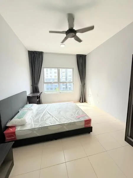 Bedroom features: queen-size bed, black upholstered headboard, 2 bedside tables, ceiling fan with 3 blades, floor-to-ceiling window, grey curtains, light-colored tiled flooring, desk with chair; style: modern.