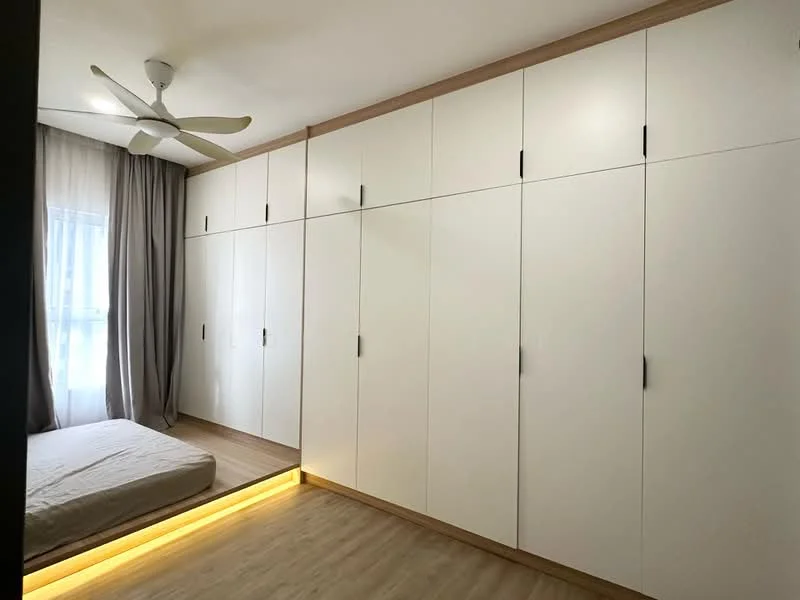 Bedroom features: built-in wardrobe with white cabinetry, wooden flooring, ceiling fan with light, large window with sheer curtains, bedside lighting, neutral wall color, recessed lighting, minimalist design; style: modern.