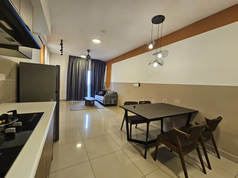 Living features: grey fabric sofa, black coffee table, 4-seater dining table, wooden dining chairs, pendant light fixture, floor-to-ceiling windows, curtains, white painted walls, cream accent wall, glossy tile flooring, kitchenette with gas hob, stainless-steel fridge; style: modern.