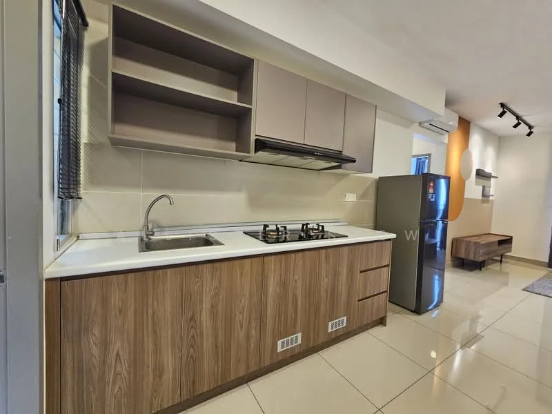 Kitchen features: laminate cabinetry in wood finish, white countertop, single-bowl stainless-steel sink, chrome pull-down faucet, built-in gas hob with two burners, built-in range hood, fridge in stainless steel, wall-mounted cabinets, ceramic tile flooring, recessed downlights, window with mesh screen; style: modern.