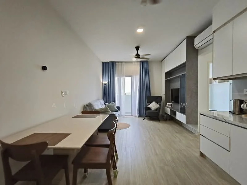 Living features: light grey fabric sofa, wooden coffee table, TV console with wall-mounted TV, recessed downlights, 5-blade ceiling fan, floor-to-ceiling windows, curtains in blue and white, wooden flooring, decorative rug, open layout with dining area; style: modern. Dining features: 6-seater dining table, wooden dining chairs, light-colored tabletop, minimalist design; style: modern.