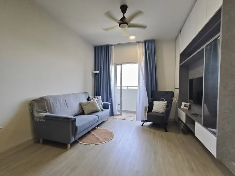 Living features: 3-seater fabric sofa in grey, area rug, ceiling fan, wall-mounted TV, TV console, sliding glass door, curtains, light-colored walls, laminate flooring, decorative wall paneling, armchair, coffee table; style: modern; view: city.