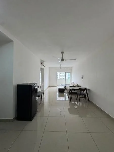 Living features: white painted walls, glossy ceramic tile flooring, 5-blade ceiling fan with light, large window with sheer curtains, sofa, dining table with chairs, black cabinet, recessed lighting; style: modern; view: city.