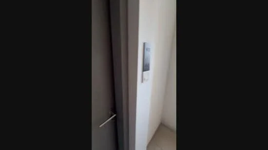 Room features: grey painted walls, light-colored flooring, interior door with silver handle, wall-mounted intercom panel, light switch.