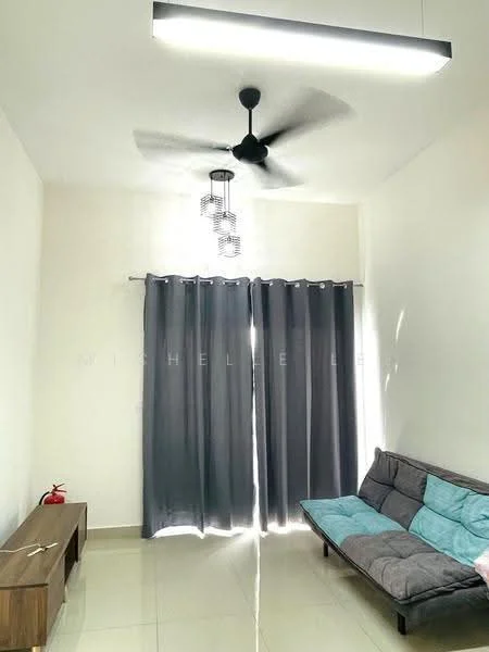 Living features: grey fabric sofa, light blue cushion, wooden TV console, ceiling fan, recessed LED lighting, floor-to-ceiling curtains, glossy tile flooring, white painted walls; style: modern.