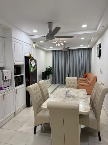 Dining features: white cabinetry with handles, marble dining table, 4 upholstered dining chairs, recessed LED downlights, 5-blade ceiling fan with light, cream tiled flooring, wall-mounted TV, grey curtains, orange fabric sofa, decorative wall clock; style: modern. Living features: orange fabric sofa, wall-mounted TV, grey curtains, decorative wall clock; style: modern. Kitchen features: white cabinetry with handles, built-in refrigerator, countertop with appliances, sink, stainless-steel faucet; style: modern.