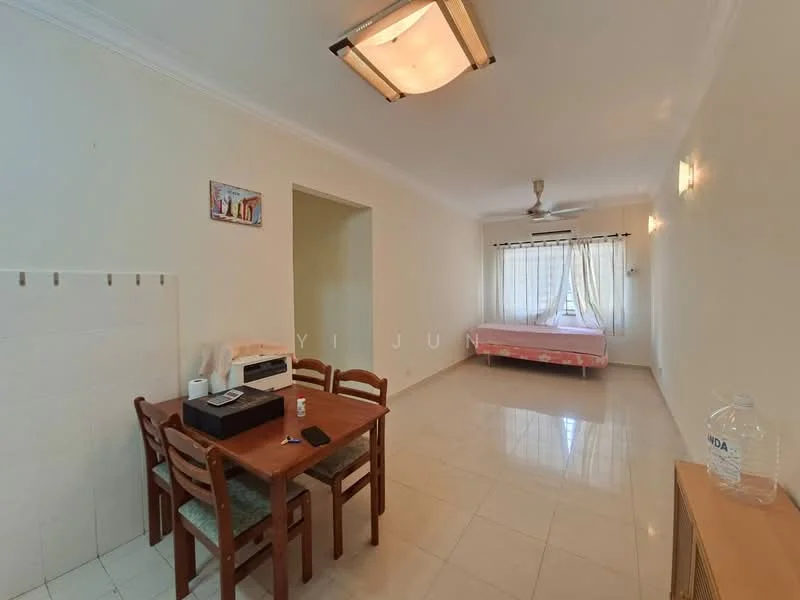 Living features: white painted walls, glossy tile flooring, ceiling light fixture, 5-blade ceiling fan, large window with sheer curtains, dining table with four wooden chairs, wooden sideboard, single bed with pink bedding.