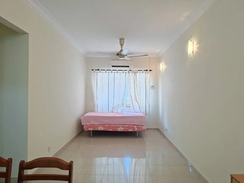 Room features: white painted walls, glossy ceramic tile flooring, ceiling fan, window with sheer curtains, single bed with pink bedding, wall-mounted light fixtures, air conditioning unit; style: minimalist.