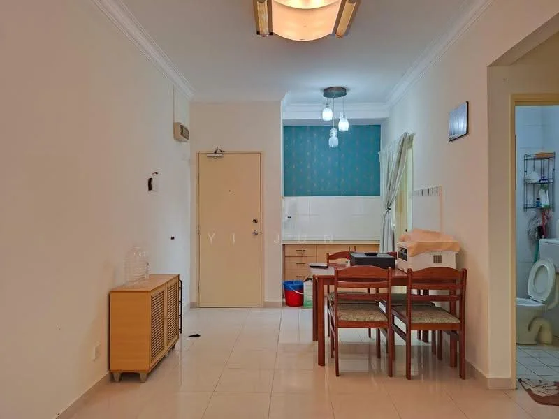 Dining features: dining table with four wooden chairs, cream painted walls, white ceiling with recessed lighting, tile flooring, wall-mounted air conditioning unit, wooden sideboard, blue accent wall with pattern, curtains on window, open layout to kitchen, doorway leading to bathroom, decorative wall art; style: modern. Kitchen features: kitchen cabinetry, countertop, sink, stove, refrigerator, tile backsplash, open layout to dining area. Bathroom features: toilet, sink, shower area, tile cladding, mirror.