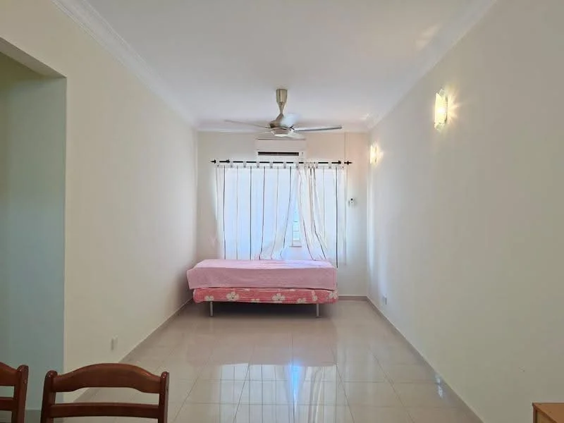 Bedroom features: white painted walls, glossy tile flooring, single bed with pink bedding, floor-to-ceiling window with sheer curtains, 5-blade ceiling fan, wall-mounted light fixtures; style: minimalist.