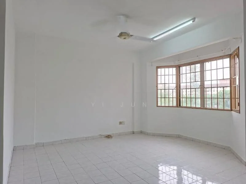 Room features: white painted walls, white ceiling, ceiling fan, tile flooring, large windows with wooden frames, natural light from windows, corner window view, no visible furniture; style: minimalist; view: garden.