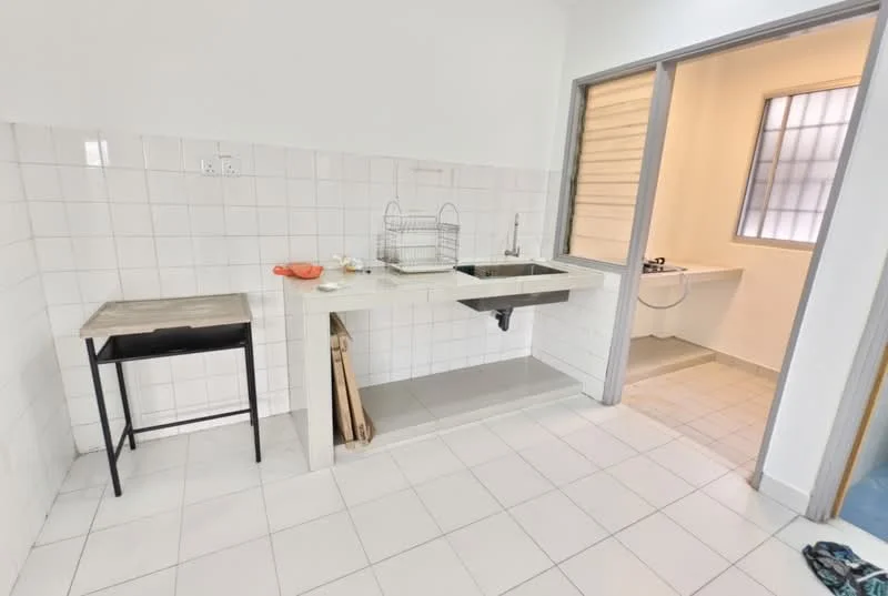 Kitchen features: white tiled walls, white tiled flooring, single-bowl stainless-steel sink, chrome pull-down faucet, countertop with integrated sink, kitchen table with wooden top, open shelving, window with grid pattern, gas stove, cooking area with wall-mounted ventilation; style: modern. Room features: white walls, window with grid pattern, light-colored flooring.