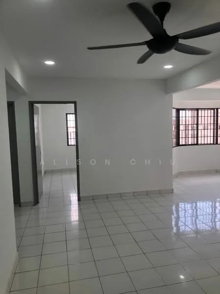 Room features: white painted walls, glossy white tile flooring, 5-blade ceiling fan, recessed LED downlights, multiple windows, doorway leading to another room, corner window, neutral color scheme; style: modern.