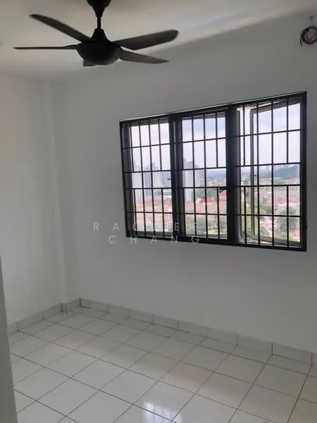 Room features: white painted walls, white tiled flooring, black metal window grilles, floor-to-ceiling windows, city view, ceiling fan; style: modern; view: city.