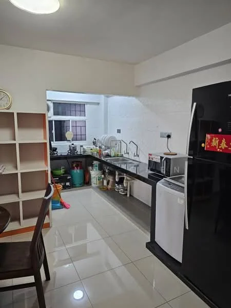 Kitchen features: white painted walls, glossy tile flooring, black countertop, stainless-steel sink, chrome pull-down faucet, built-in oven, microwave, refrigerator, kitchen cabinets, open shelving, window with grid pattern, dining table, clock on wall; style: modern.