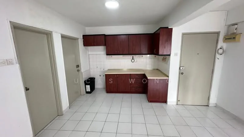 Kitchen features: white tiled flooring, white walls, brown wooden cabinetry, laminate countertop, single-bowl stainless-steel sink, chrome pull-down faucet, built-in stove, exhaust hood, recessed ceiling light, door leading to hallway, door leading to entrance, kitchenette area; style: modern.