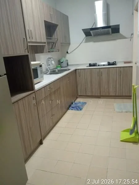 Kitchen features: laminate cabinetry in light wood finish, white countertop, stainless-steel sink, chrome pull-down faucet, built-in gas hob with two burners, microwave, refrigerator, tile flooring, wall-mounted range hood, green mop, kitchen towel, wall-mounted shelf; style: modern.