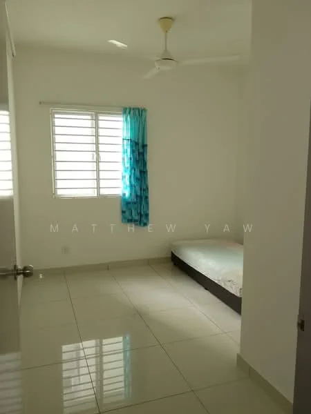 Bedroom features: white painted walls, glossy ceramic tile flooring, single bed, ceiling fan, window with horizontal slats, blue sheer curtain, natural light from window; style: minimalist.